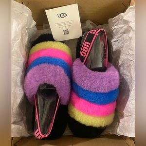 ‘Fluff Yeah’ UGG Slingback Slide in Rainbow/Black